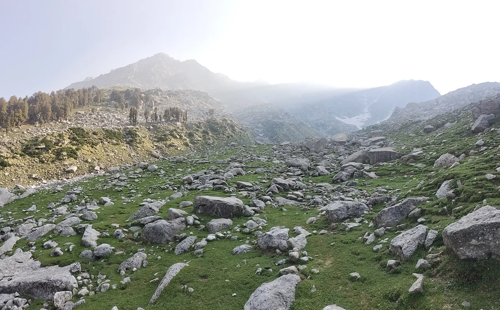 The boulder valley towards Laka Glacier at dawn